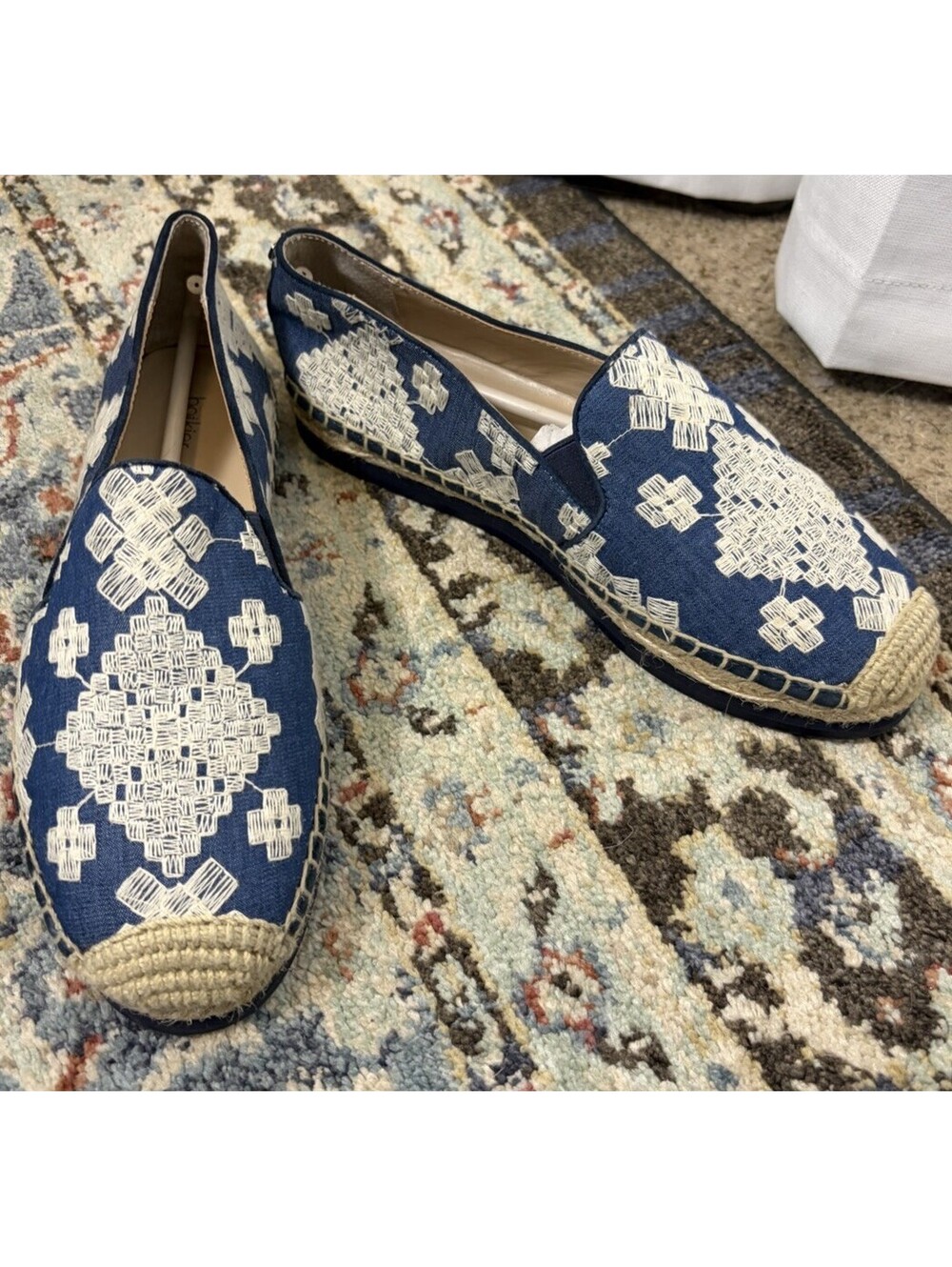 Boktier Navy And Cream Embroidered Espadrille Loafer Shoes Size 8.5 $178